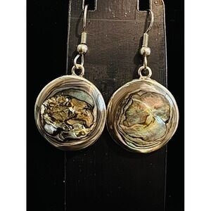 Alpaca Silver Mexico Abalone Shell Round Dangle Drop Earrings Iridescent Boho